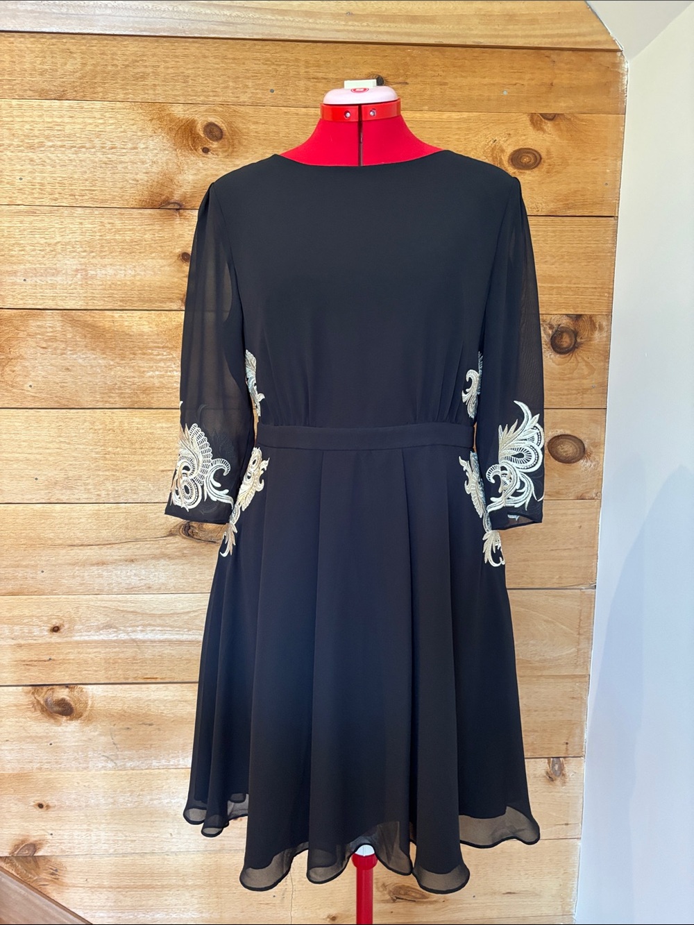 Ted Baker Black Midi Dress with Cream Embroidered Accents
